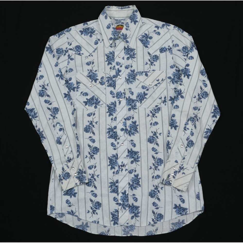 VTG Miller Western Wear Mens 16/32 Blue Rose Jacquard Pearl Snap Shirt 70s READ
